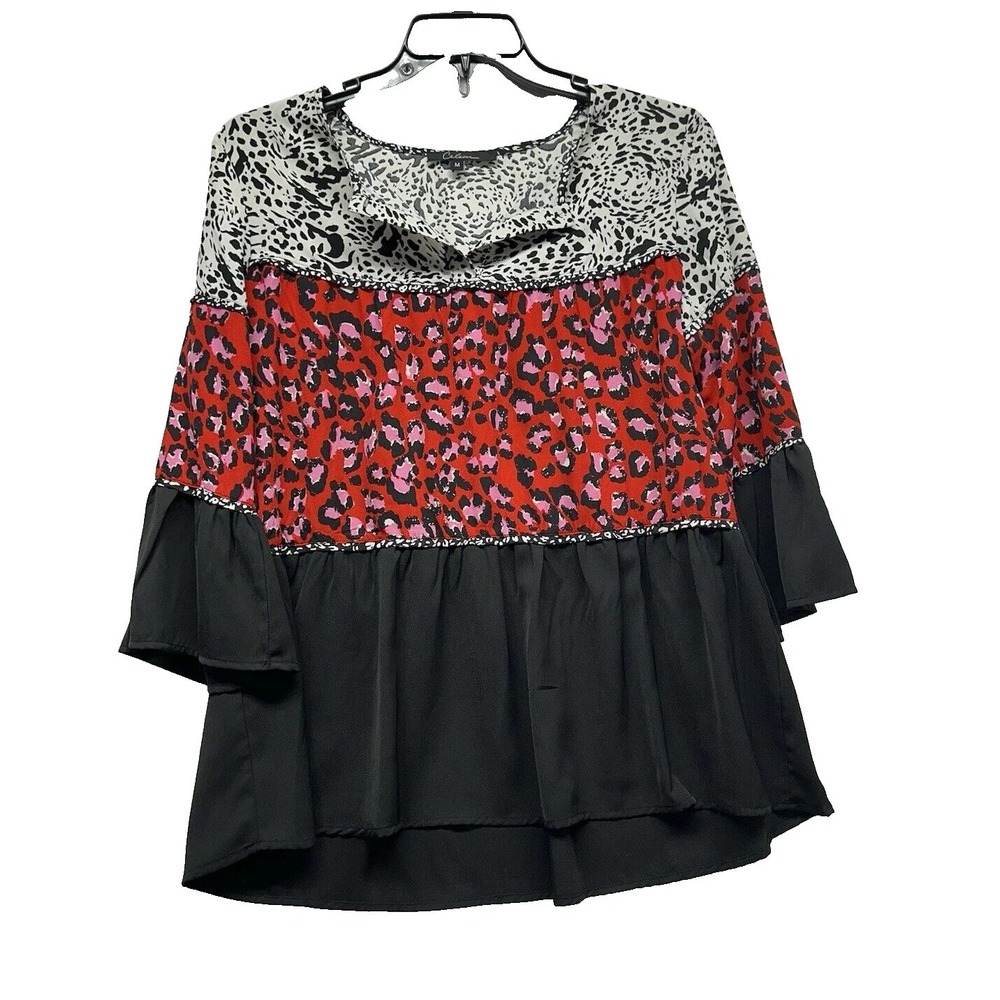 Calessa Women's Medium Red Black White Rayon Peasant Blouse (D5)
